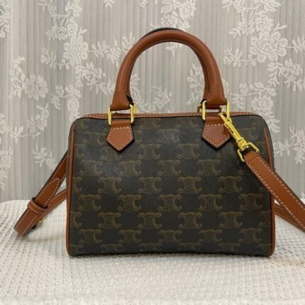 CELINE Leather Boston bag TRIOMPHE CANVAS yellowish-brown 3116 Size:19.5*14*7.5 cm