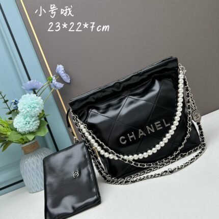 CHANEL Pearl garbage bag black with sliver hardware size: 23*28*22*7cm