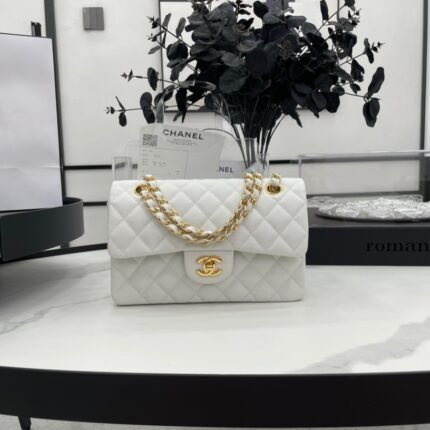 Chanel classic flap caviar leather crossbody bag with gold hardware white
