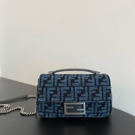 F END1 conic Baquette chain bag in chenille, printed with F brocade pattern