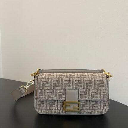 F END1 conic Baquette chain bag in chenille, printed with F brocade pattern