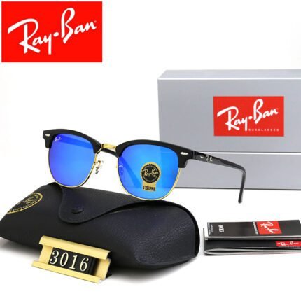 Ray Ban Club Master black gold rimmed sunglasses with dark blue lenses and square and circular frames for both men and women