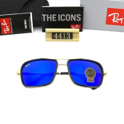 Ray Ban aviator series gold and royal blue square frame sunglasses neutral