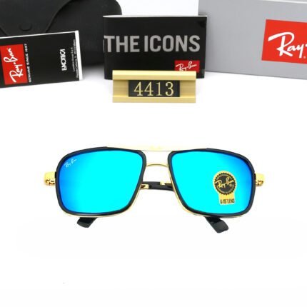 Ray Ban aviator series gold and royal blue square frame sunglasses neutral