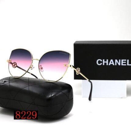 Chanel gold rimmed and deep purple transparent gradient water droplet shaped sunglasses