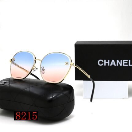 Chanel Blue Pink Luxury Gold Border Round Frame Gradient Sunglasses