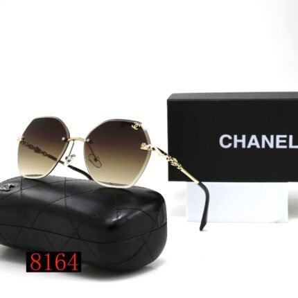 Chanel brown gradient and gold edged hexagonal round frameless sunglasses