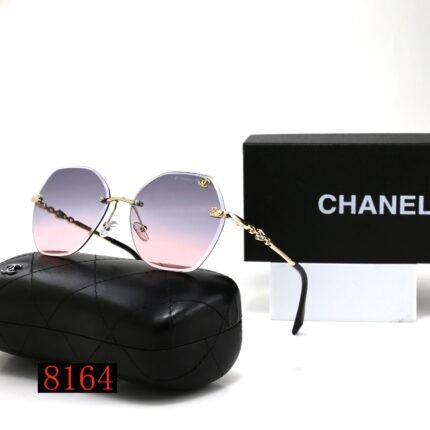 Chanel light purple gradient and gold edged hexagonal round frameless sunglasses