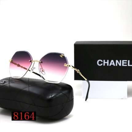 Chanel purple transparent gradient and gold edged hexagonal round frameless sunglasses