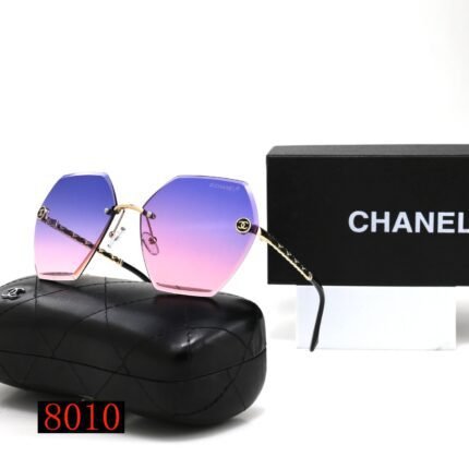 Chanel blue purple gradient and black edged hexagonal frameless sunglasses