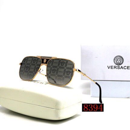 VERSACE pilot gold rimmed and gray printed square sunglasses