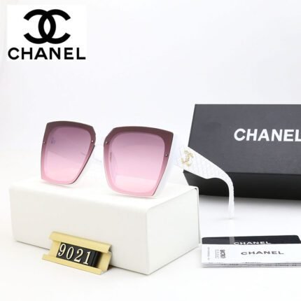 Chanel White Edge and Purple Lens Square Diamond Gold Logo Sunglasses