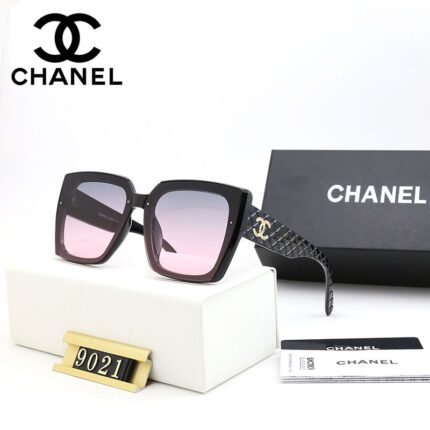Chanel Black Edge and Purple Lens Square Diamond Gold Logo Sunglasses
