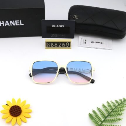 Chanel beige and black borders - blue pink gradient lenses sunglasses