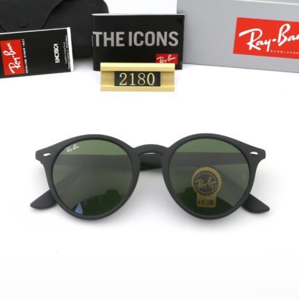 Ray Ban Black Frame and Green Lens Round Frame Retro Sunglasses Unisex