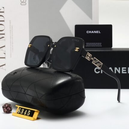 Chanel black square frame gold printed decorative sunglasses