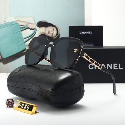 Chanel black square and round frame gold woven decorative sunglasses