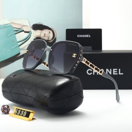 Chanel gray and dark blue square and round frame gold woven decorative sunglasses