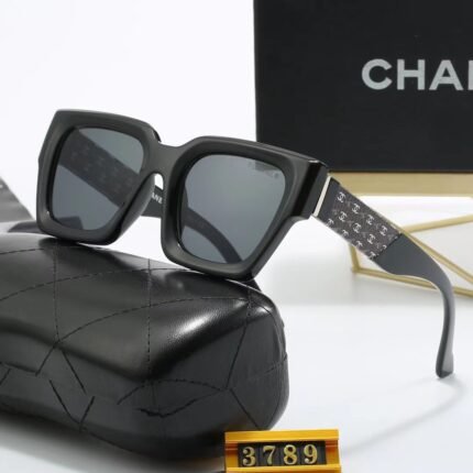 Chanel sunglasses with black borders and dark gray lens patterns