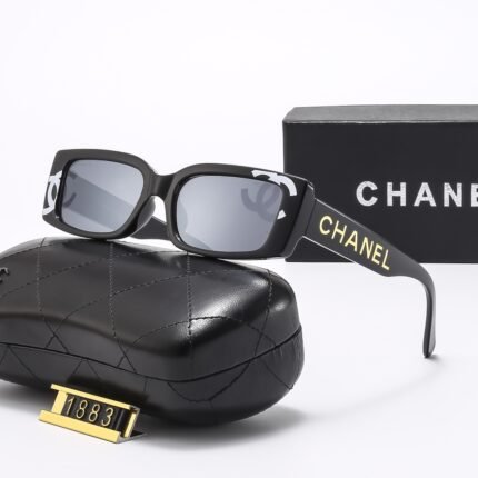 Chanel black border and transparent blue lenses rectangular logo printed sunglasses