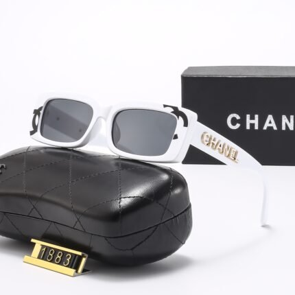 Chanel white edge and gray lens rectangular logo printed sunglasses