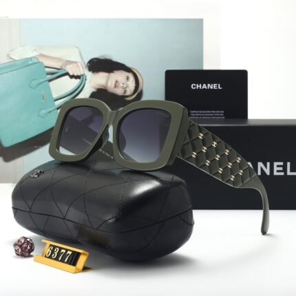 Chanel Olive Green and Dark Blue Square Diamond Decorative Sunglasses