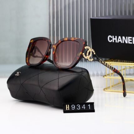 Chanel tortoiseshell and dark brown gradient square and circular gold logo decoration sunglasses