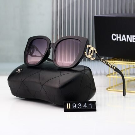 Chanel black and deep purple gradient square and circular gold logo decoration sunglasses