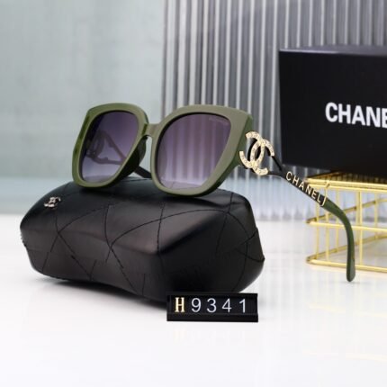 Chanel Olive Green and Deep Purple Gradient Square Round Gold Logo Decorative Sunglasses