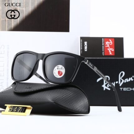 RAY BAN black glossy polarized rectangular sunglasses