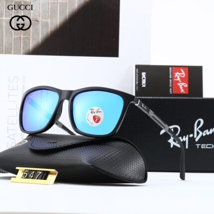 RAY BAN black and blue glossy polarized rectangular sunglasses