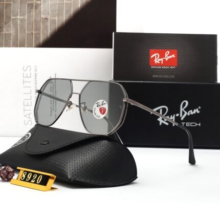 RAY BAN Silver Metal and Gray Polarized Hexagonal Double Beam Frame Sunglasses
