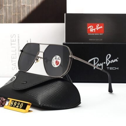 RAY BAN Grey Metal and Dark Brown Polarized Hexagonal Double Beam Frame Sunglasses