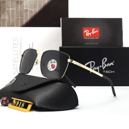 RAY BAN Sunglasses with Gold Frame and Black Polarized Lens Square Frame