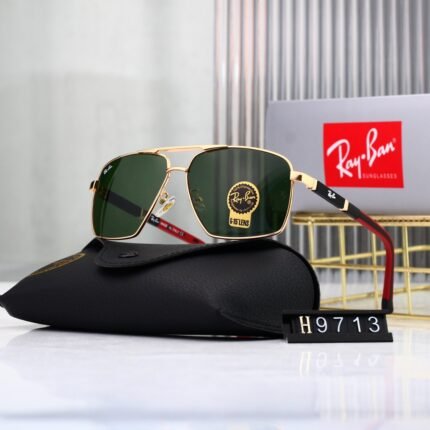 RAY BAN Red and Gold Metal+Green Lens Square Large Frame Sunglasses Neutral