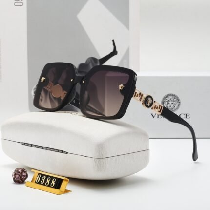 VERSACE Fashion Accessories Gold Decorative Black Border and Deep Purple Lens Sunglasses