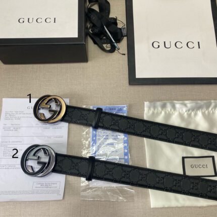 Gucci two-color buckle black textured belt, simple and elegant, low-key luxury