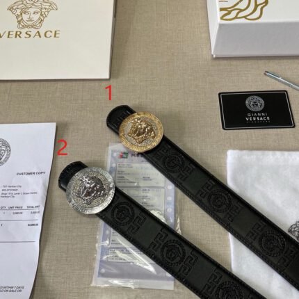 Versace round buckle black textured belt, simple and elegant, low-key and luxurious