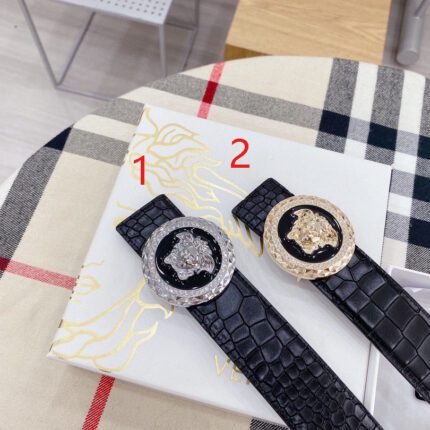 Versace Round Buckle Black Crocodile Pattern Belt, Simple and Elegant, Low key Luxury