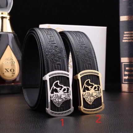 Versace Classic Square Buckle Black Textured Belt Simple and Elegant, Low key Luxury