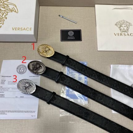 Versace Classic Circular Buckle Black Textured Belt Simple and Elegant, Low key Luxury