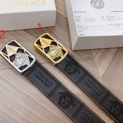 Versace Classic Square Buckle Black Textured Belt Simple and Elegant, Low key Luxury