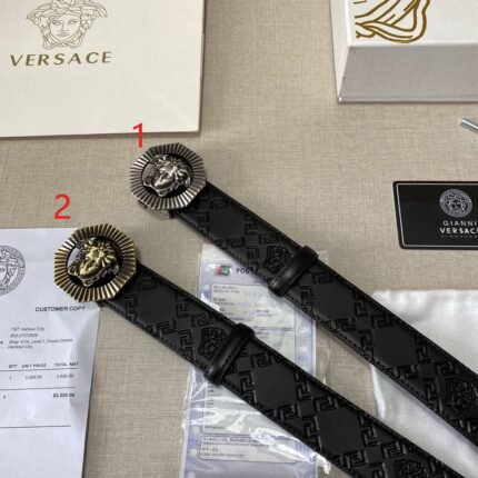 Versace Classic Circular Buckle Black Textured Belt Simple and Elegant, Low key Luxury