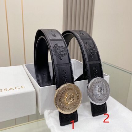 Versace Classic Circular Buckle Black Textured Belt Simple and Elegant, Low key Luxury