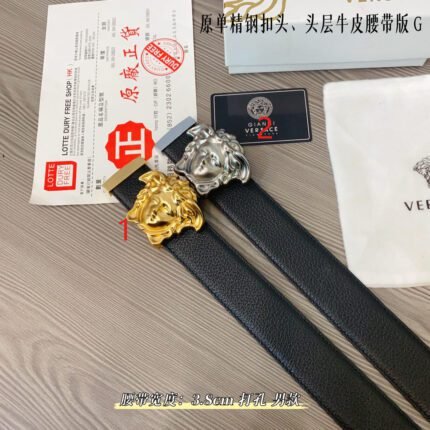 Versace Classic Medusa Relief Buckle Black Texture Belt Classic Fashion Low key Luxury