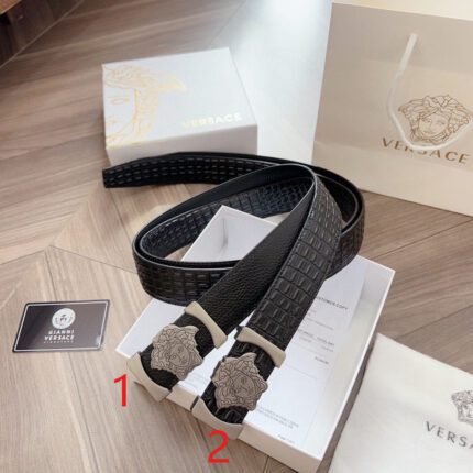 Versace Silver Square Buckle Black Texture Belt Classic Fashion Low key Luxury