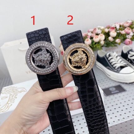 Versace Classic Circular Buckle Black Crocodile Pattern Belt Classic Fashion Exquisite Elegance