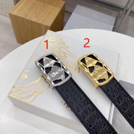 Versace Classic Square Ring Buckle Black Crocodile Pattern Belt Classic Fashion Noble Luxury