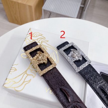 Versace Classic Square Ring Buckle Black Crocodile Leather Belt Classic Fashion Noble Elegance