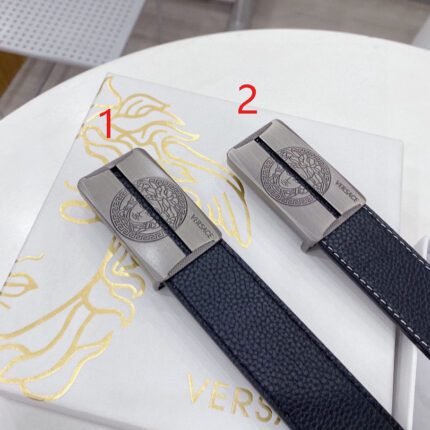 Versace Silver Square Buckle Black Belt Simple, Fashionable, Noble, and Elegant